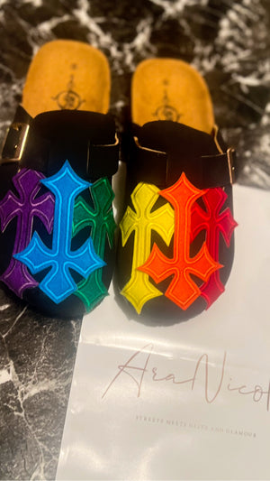 “Rainbow cross” clogs