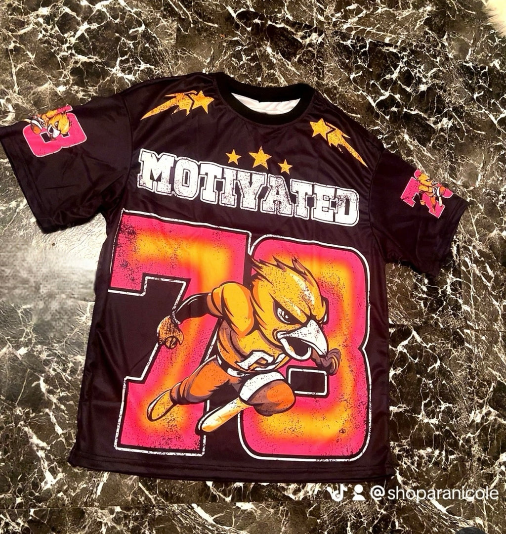 “Motivated 78” oversized jersey top