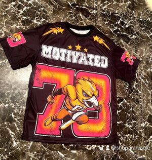 “Motivated 78” oversized jersey top