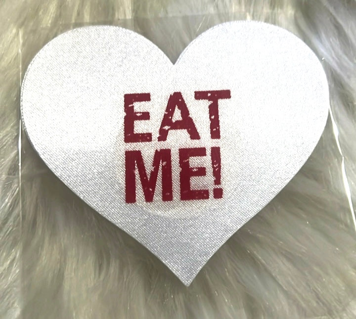 “Eat me” heart nipple covers (silver)