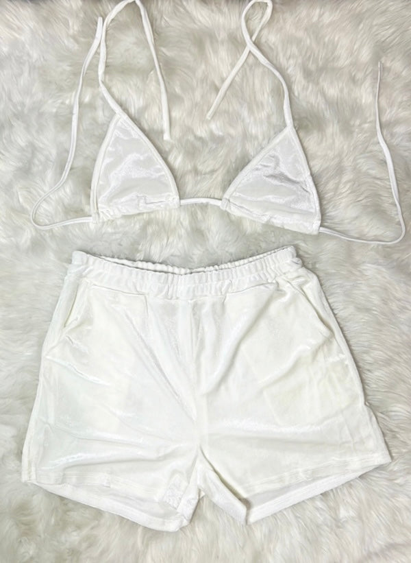 “Chloe” 2 piece velvet short set (white)