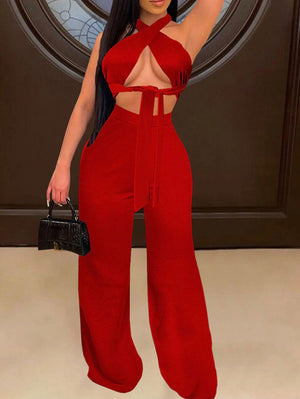 “Monica” 2 piece pants set (red)